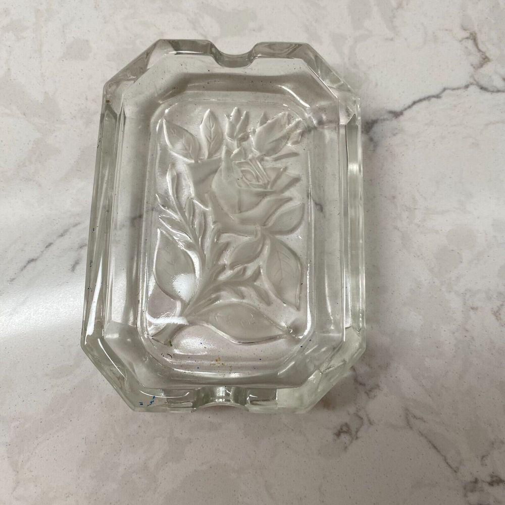 Decorative Clear Glass Rose Pattern Rectangular Hotel & Motel 2-Slot Ashtray